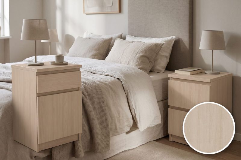 Anwendungsbeispiel mit Coverstyl Möbelfolie Silk Beech – Buche hell, rechts unten die Oberfläche im Detail