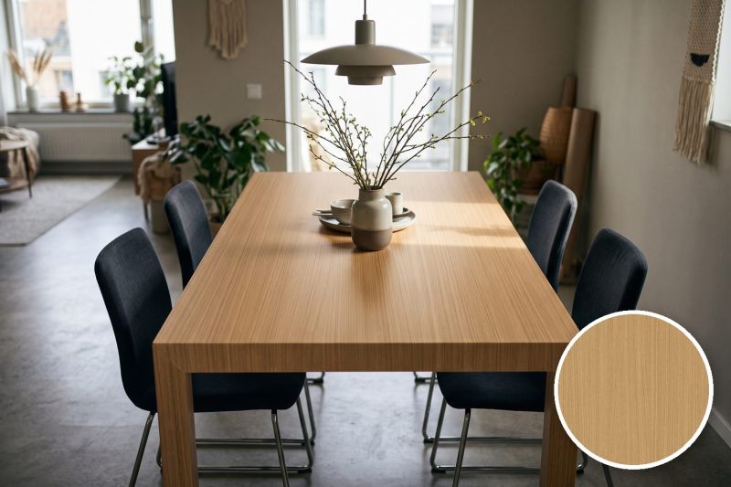 Anwendungsbeispiel mit Coverstyl Möbelfolie Manuka Oak – Eiche mittel, rechts unten die Oberfläche im Detail
