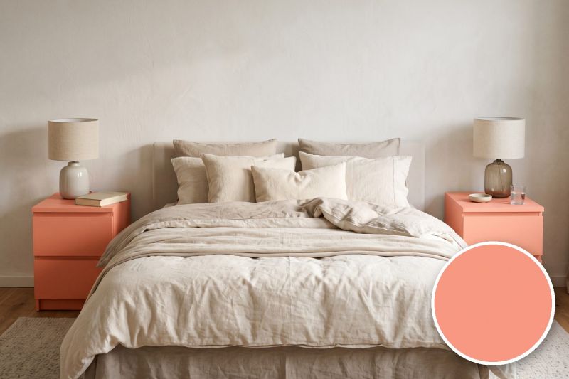 Anwendungsbeispiel mit Coverstyl Möbelfolie Peach – Uni lachsrot, rechts unten die Oberfläche im Detail