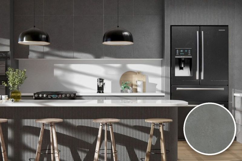 Anwendungsbeispiel mit Coverstyl Möbelfolie Urban Dark – Beton dunkel, rechts unten die Oberfläche im Detail