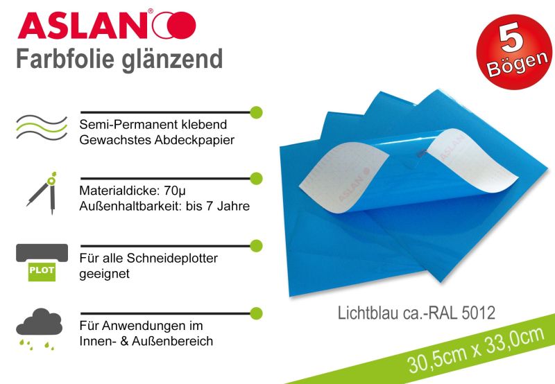 ASLAN Hobby-Plotterfolie Lichtblau glänzend 5er-Set