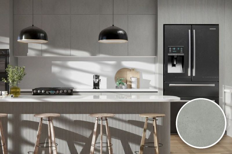 Anwendungsbeispiel mit Coverstyl Möbelfolie High Resistant - Urban Gray – Beton grau, rechts unten die Oberfläche im Detail