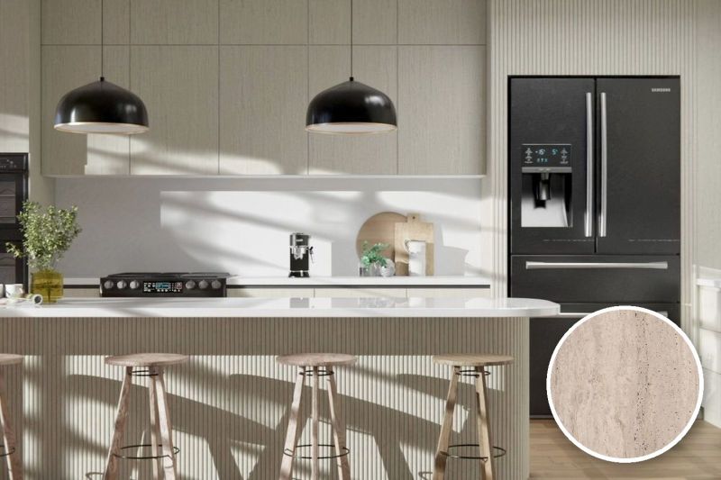 Anwendungsbeispiel mit Coverstyl Möbelfolie Raw Travertine – Travertin natur, rechts unten die Oberfläche im Detail