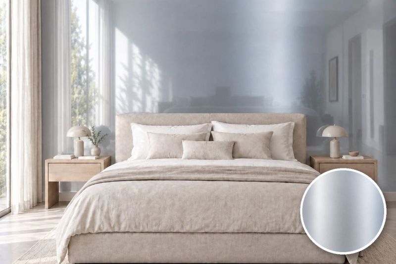 Anwendungsbeispiel mit Coverstyl Möbelfolie Mirror Silver – Spiegeloptik Silber, rechts unten die Oberfläche im Detail