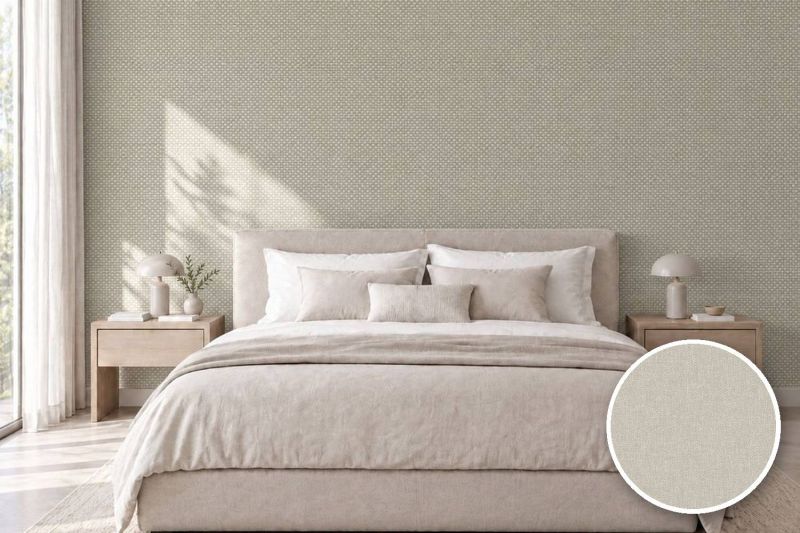 Anwendungsbeispiel mit Coverstyl Möbelfolie Canvas Beige – Canvas-Optik beige, rechts unten die Oberfläche im Detail