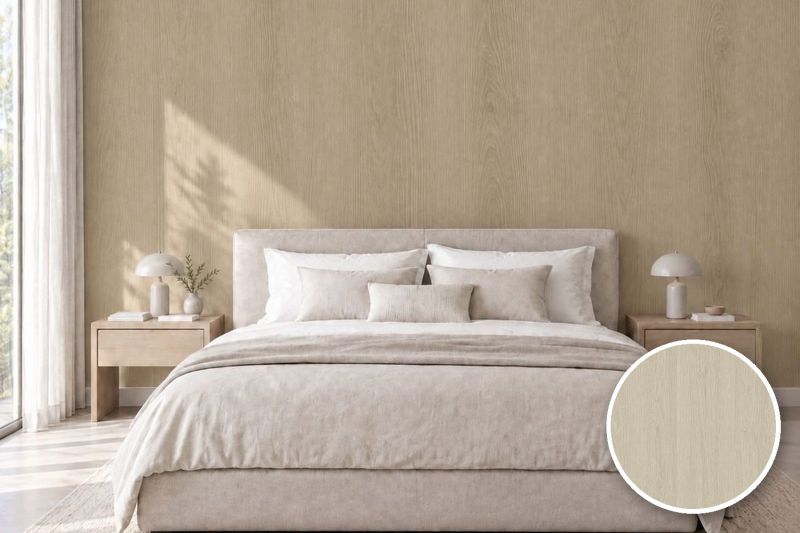 Anwendungsbeispiel mit Coverstyl Möbelfolie Hazel Oak – Eiche hell, rechts unten die Oberfläche im Detail