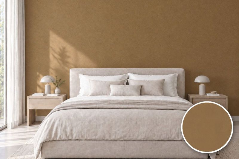 Anwendungsbeispiel mit Coverstyl Möbelfolie Camel – Lederoptik camel, rechts unten die Oberfläche im Detail