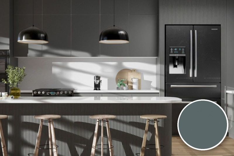 Anwendungsbeispiel mit Coverstyl Möbelfolie PVC Free - Anchor – Uni staubgrau, rechts unten die Oberfläche im Detail