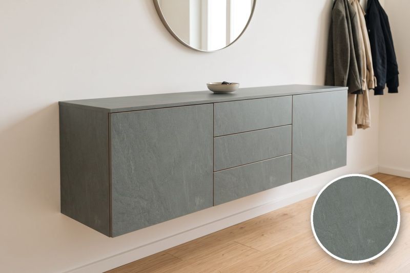 Anwendungsbeispiel mit Coverstyl Möbelfolie Basalt – Basalt, rechts unten die Oberfläche im Detail