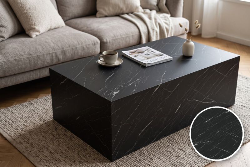 Anwendungsbeispiel mit Coverstyl Möbelfolie Nero Marquina – Marmor schwarz, rechts unten die Oberfläche im Detail