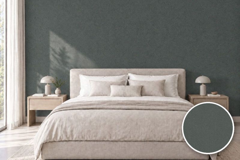 Anwendungsbeispiel mit Coverstyl Möbelfolie Quartz Charcoal – Quarz anthrazit, rechts unten die Oberfläche im Detail