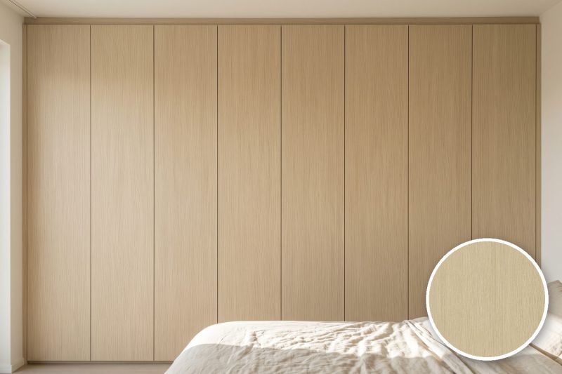 Anwendungsbeispiel mit Coverstyl Möbelfolie Butter Oak – Eiche hell, rechts unten die Oberfläche im Detail