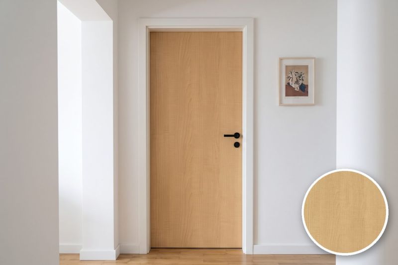 Anwendungsbeispiel mit Coverstyl Möbelfolie Ginger Beech – Buche hell, rechts unten die Oberfläche im Detail