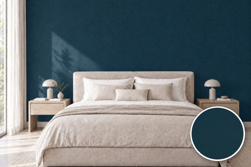 Anwendungsbeispiel mit Coverstyl Möbelfolie Oxford – Uni oxfordblau, rechts unten die Oberfläche im Detail