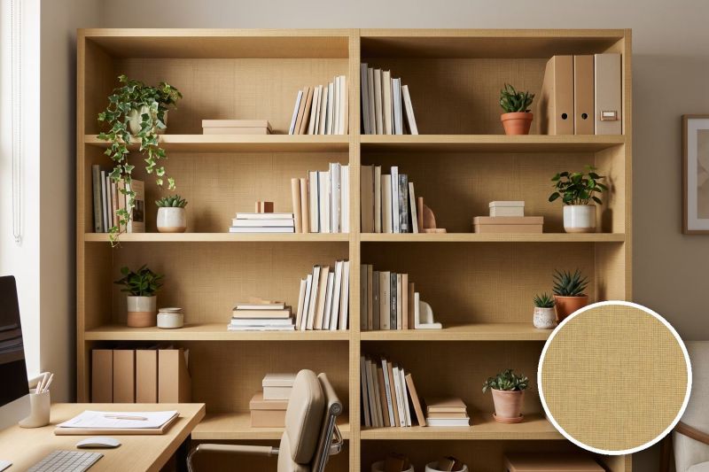 Anwendungsbeispiel mit Coverstyl Möbelfolie Wheat Craft – Raffia-Bastoptik weizenblond, rechts unten die Oberfläche im Detail