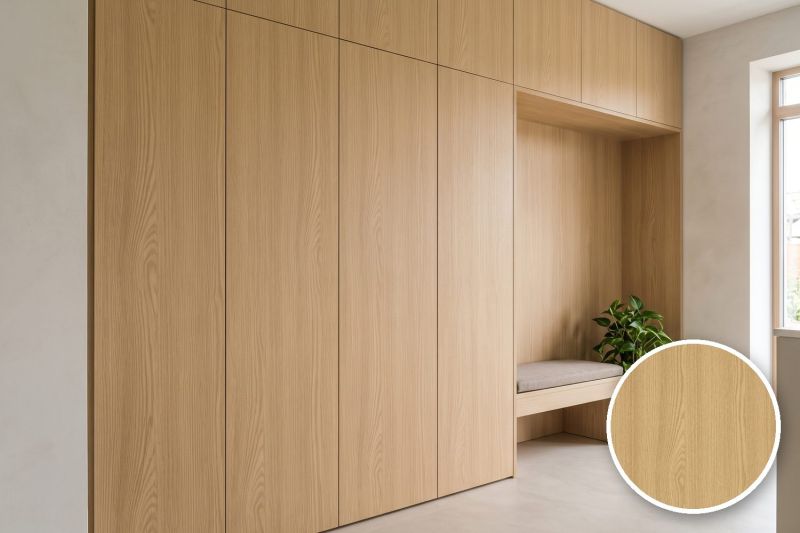 Anwendungsbeispiel mit Coverstyl Möbelfolie Wheat Oak – Eiche hell, rechts unten die Oberfläche im Detail