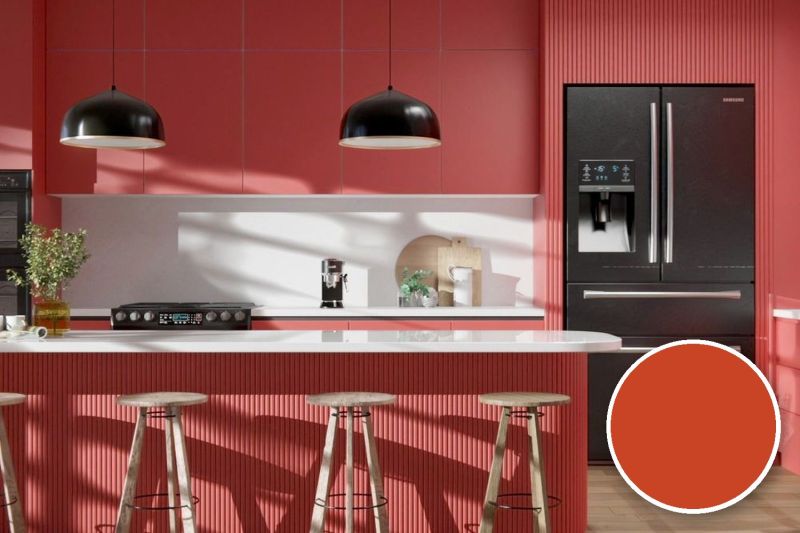 Anwendungsbeispiel mit Coverstyl Möbelfolie Carmine – Uni orangerot, rechts unten die Oberfläche im Detail