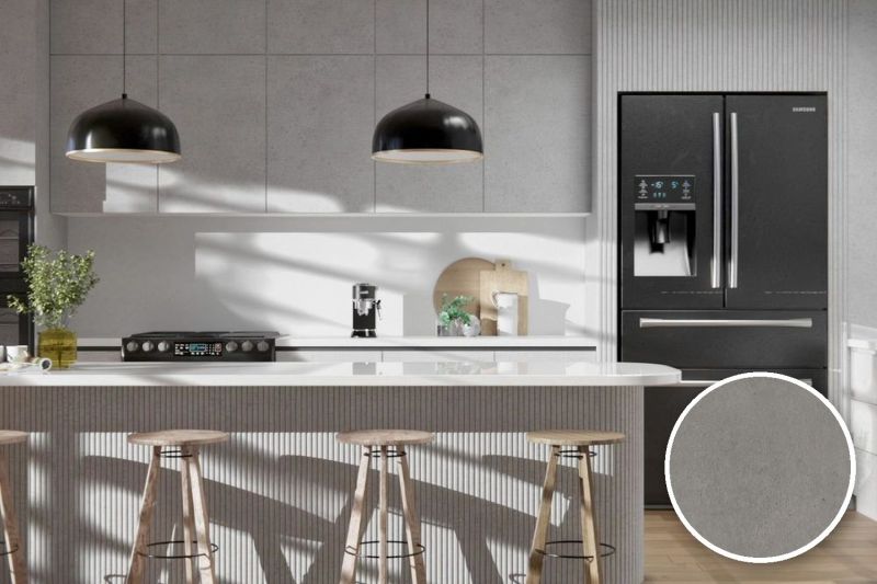 Anwendungsbeispiel mit Coverstyl Möbelfolie Urban Taupe – Beton taupe, rechts unten die Oberfläche im Detail