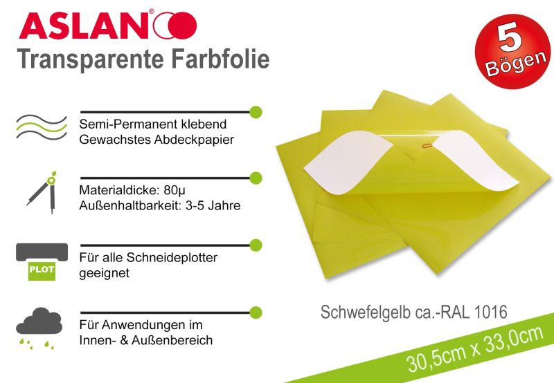 ASLAN Hobby-Plotterfolie Schwefelgelb transparent 5er-Set
