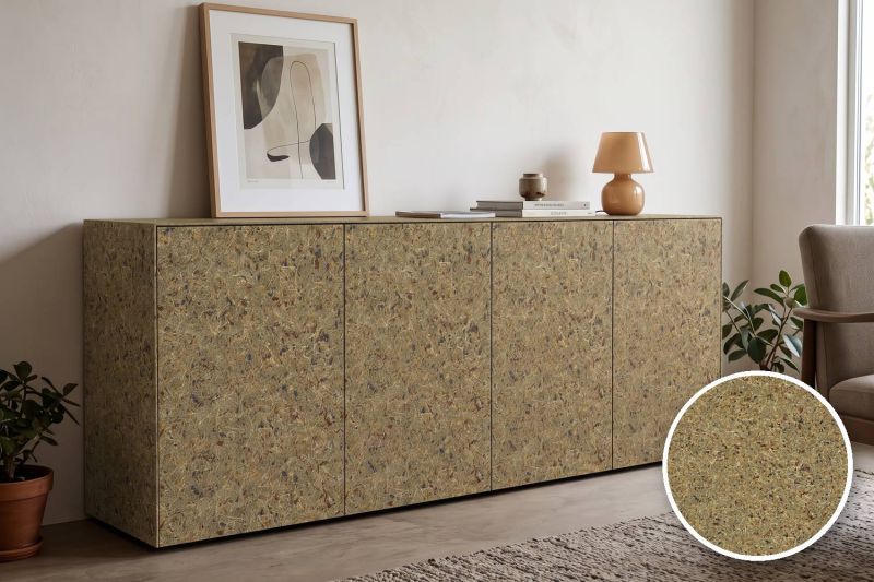 Anwendungsbeispiel mit Coverstyl Möbelfolie Autumn – botanisches Dekor Herbst, rechts unten die Oberfläche im Detail