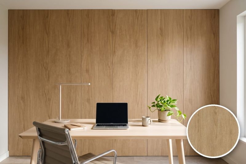 Anwendungsbeispiel mit Coverstyl Möbelfolie Praline Oak – Eiche mittel, rechts unten die Oberfläche im Detail