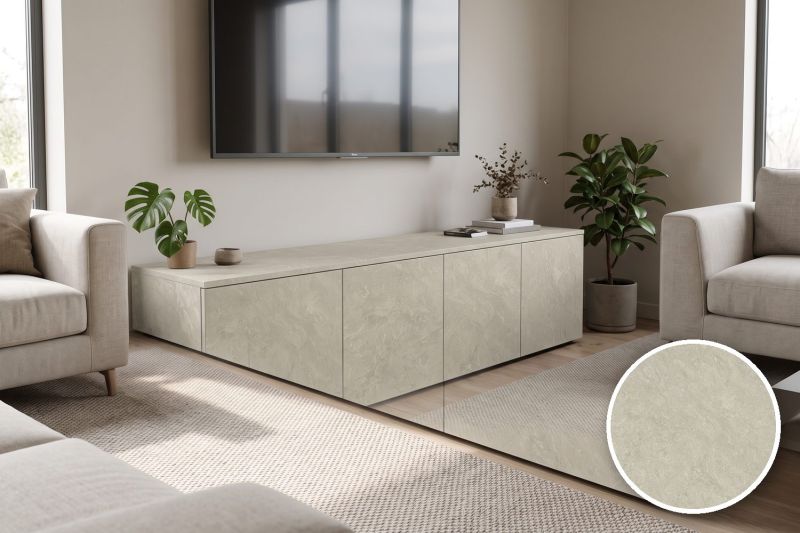 Anwendungsbeispiel mit Coverstyl Möbelfolie Crema Scura – Marmor dunkelcreme, rechts unten die Oberfläche im Detail