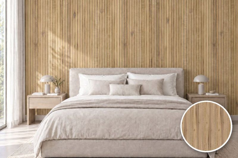 Anwendungsbeispiel mit Coverstyl Möbelfolie Wide Sand – Holz-Linienoptik sand, rechts unten die Oberfläche im Detail