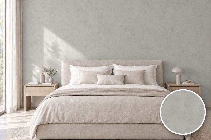 Anwendungsbeispiel mit Coverstyl Möbelfolie Microcement Gray – Mikrozement grau, rechts unten die Oberfläche im Detail