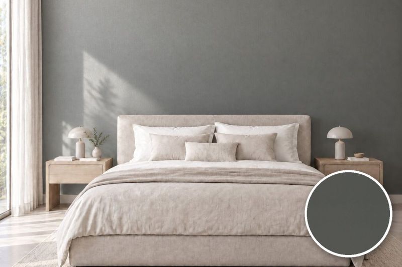 Anwendungsbeispiel mit Coverstyl Möbelfolie Suede Titanium – Wildleder-Metalloptik Titan, rechts unten die Oberfläche im Detail