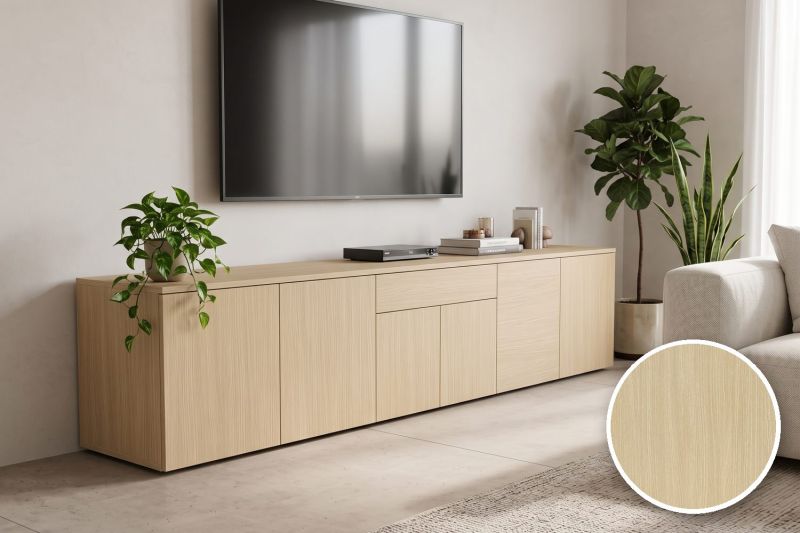 Anwendungsbeispiel mit Coverstyl Möbelfolie Blond Oak – Eiche hell, rechts unten die Oberfläche im Detail