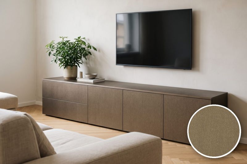 Anwendungsbeispiel mit Coverstyl Möbelfolie Hard Bronze – Metall gebürstet Bronze, rechts unten die Oberfläche im Detail
