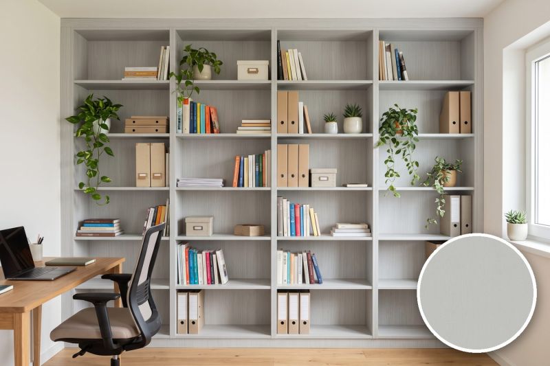 Anwendungsbeispiel mit Coverstyl Möbelfolie Crispy Gray – Holzoptik grau, rechts unten die Oberfläche im Detail