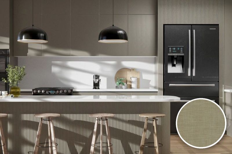 Anwendungsbeispiel mit Coverstyl Möbelfolie Brown Jute – Jute-Optik braun, rechts unten die Oberfläche im Detail