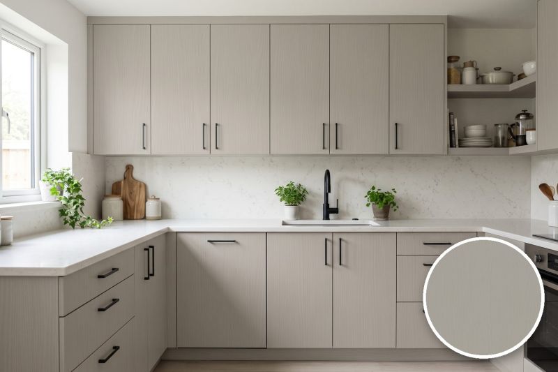 Anwendungsbeispiel mit Coverstyl Möbelfolie Sable – Holzoptik sandfarben, rechts unten die Oberfläche im Detail