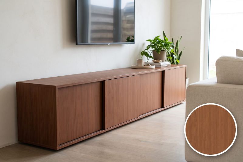 Anwendungsbeispiel mit Coverstyl Möbelfolie Brandy Cherry – Kirsche mittel, rechts unten die Oberfläche im Detail