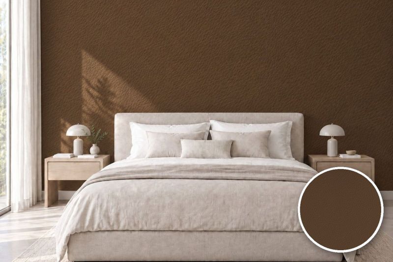 Anwendungsbeispiel mit Coverstyl Möbelfolie Cognac – Lederoptik cognac, rechts unten die Oberfläche im Detail