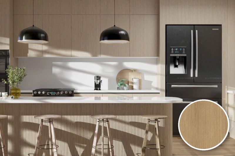 Anwendungsbeispiel mit Coverstyl Möbelfolie Rich Oak – Eiche mittel, rechts unten die Oberfläche im Detail