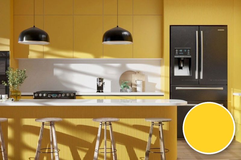 Anwendungsbeispiel mit Coverstyl Möbelfolie Bright Yellow – Uni zinkgelb, rechts unten die Oberfläche im Detail