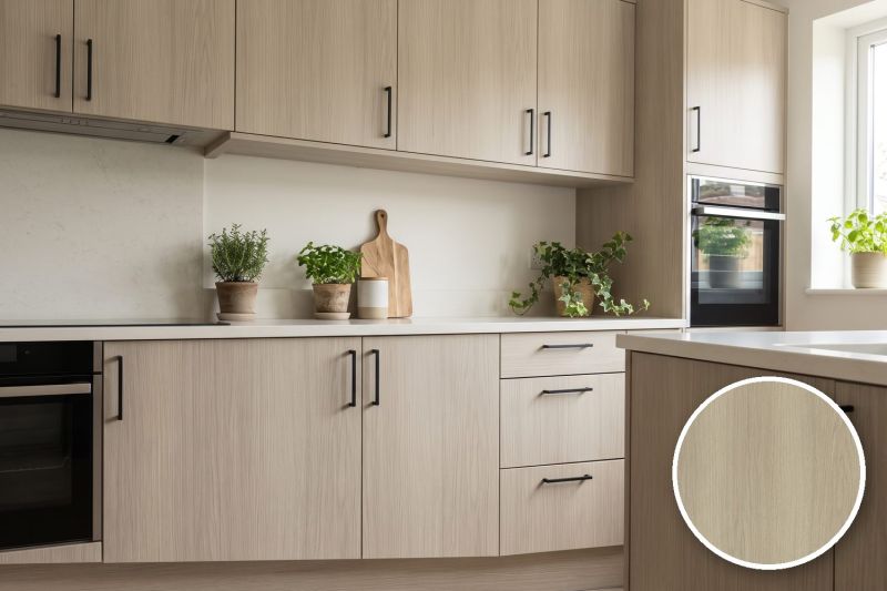 Anwendungsbeispiel mit Coverstyl Möbelfolie Gray Oak – Eiche hell, rechts unten die Oberfläche im Detail