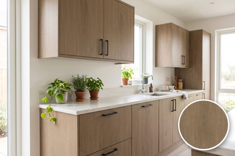 Anwendungsbeispiel mit Coverstyl Möbelfolie Miel Oak – Eiche dunkel, rechts unten die Oberfläche im Detail