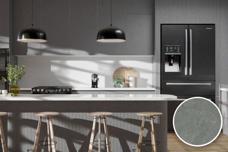 Anwendungsbeispiel mit Coverstyl Möbelfolie Etruscan Gray – Marmor grau, rechts unten die Oberfläche im Detail