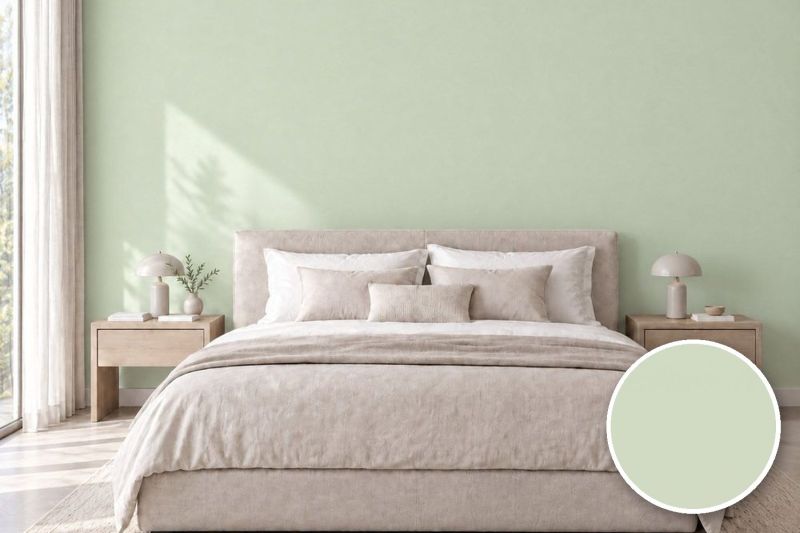 Anwendungsbeispiel mit Coverstyl Möbelfolie Cucumber – Uni zartgrün, rechts unten die Oberfläche im Detail