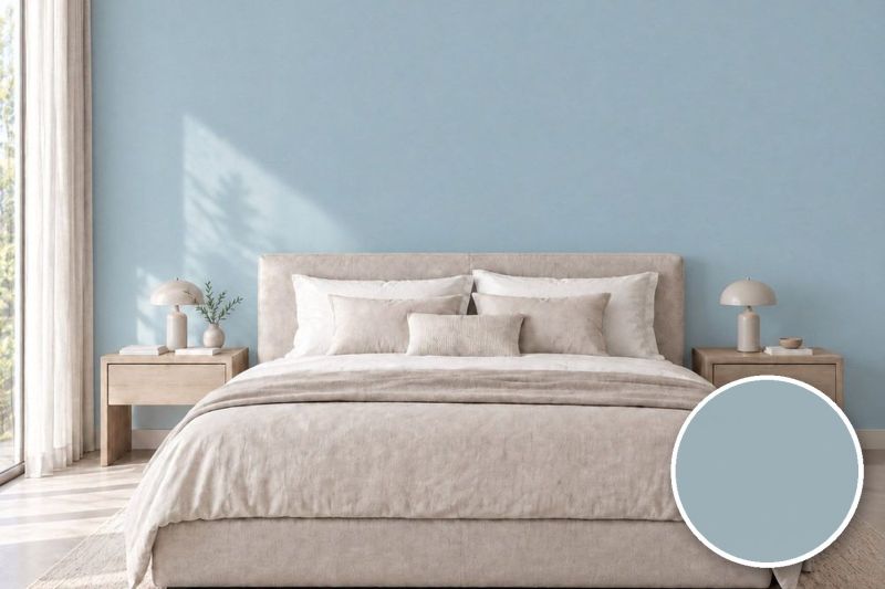 Anwendungsbeispiel mit Coverstyl Möbelfolie Celestial – Uni himmelblau seidenmatt, rechts unten die Oberfläche im Detail