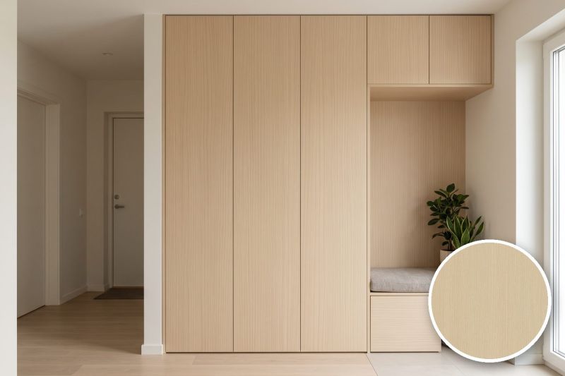Anwendungsbeispiel mit Coverstyl Möbelfolie Vanilla Maple – Ahorn hell, rechts unten die Oberfläche im Detail