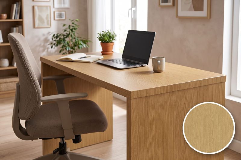 Anwendungsbeispiel mit Coverstyl Möbelfolie Yellow Oak – Eiche mittel, rechts unten die Oberfläche im Detail