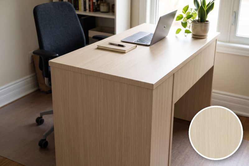 Anwendungsbeispiel mit Coverstyl Möbelfolie Rye Pine – Kiefer hell, rechts unten die Oberfläche im Detail