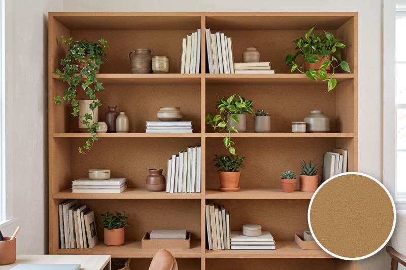 Anwendungsbeispiel mit Coverstyl Möbelfolie Small Grain – Korkoptik fein, rechts unten die Oberfläche im Detail