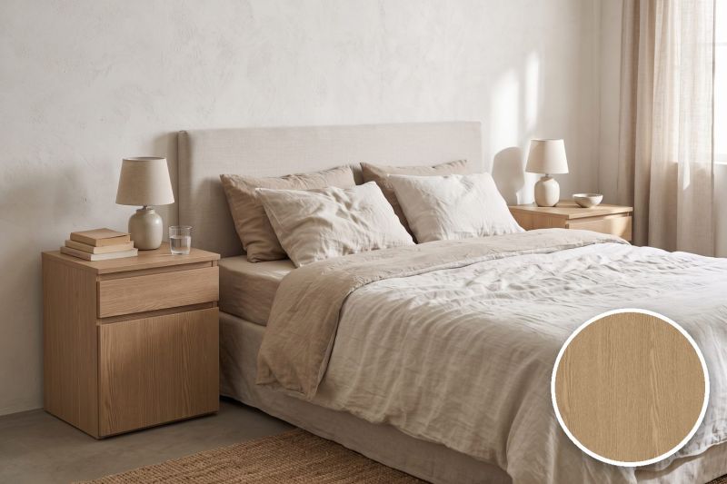Anwendungsbeispiel mit Coverstyl Möbelfolie Soft Ash – Esche mittel, rechts unten die Oberfläche im Detail