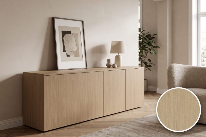 Anwendungsbeispiel mit Coverstyl Möbelfolie White Walnut – Nussbaum hell, rechts unten die Oberfläche im Detail