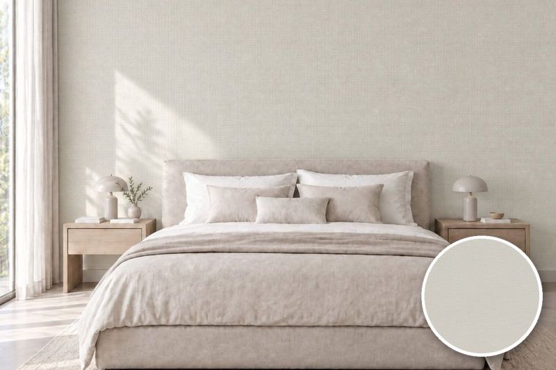 Anwendungsbeispiel mit Coverstyl Möbelfolie Rustic Bone – Stoffoptik rustikal cremeweiß, rechts unten die Oberfläche im Detail